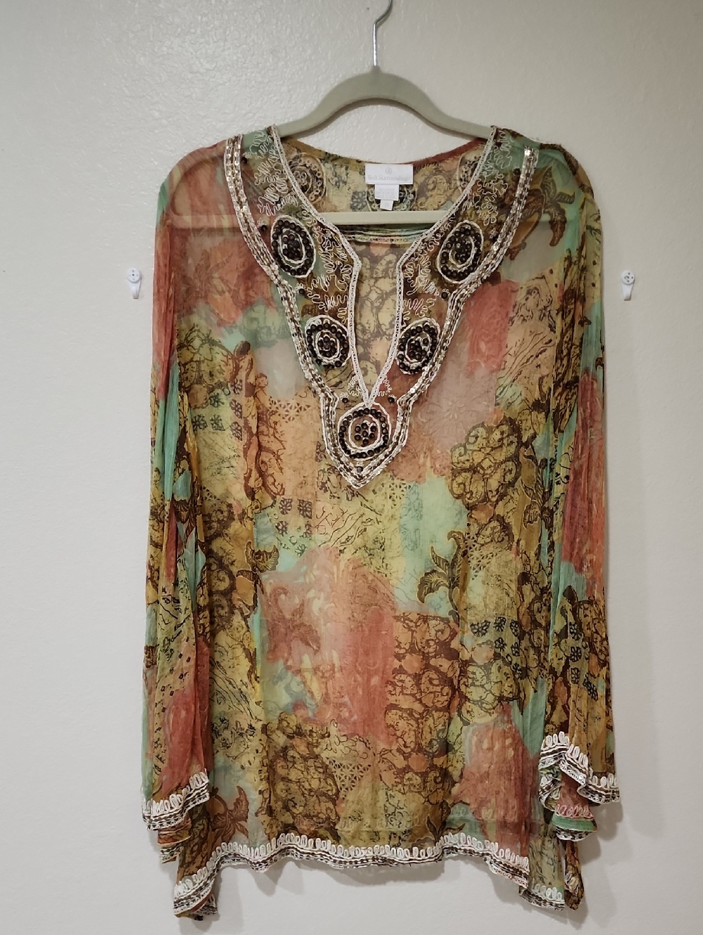 Soft Surroundings Tunic Beaded Embroidered Sheer Floral Blouse Boho size 1X